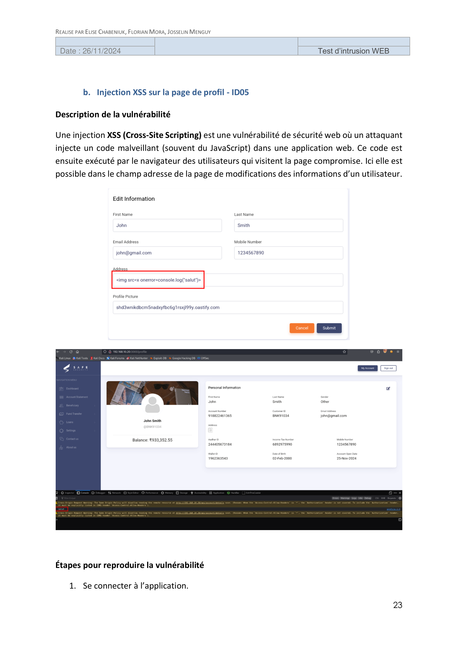 XSS stockée — injection dans le champ adresse — ID05